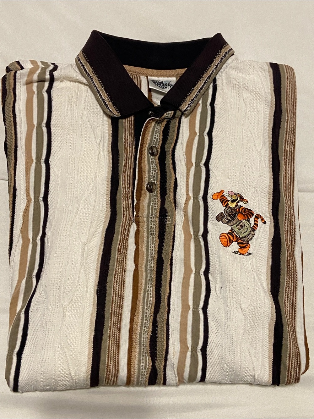 Vintage Disney Men's Striped Polo shirt with Tigger Embroidery - Brown/White